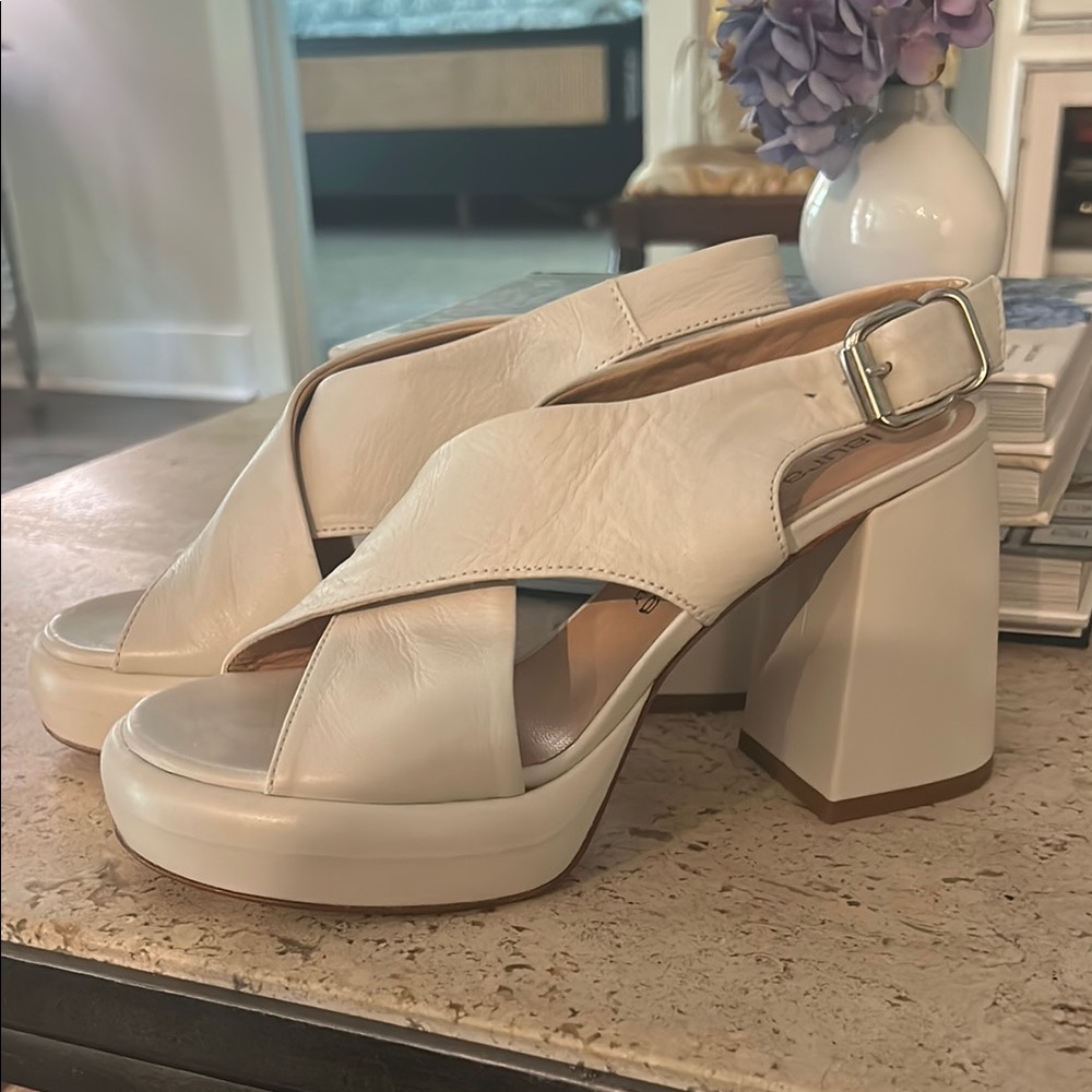 Women's White Leather Block Heel Sandals